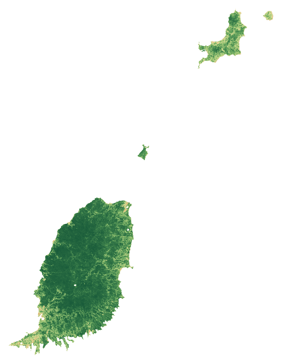NDVI vegetation-signal median composite of Grenada, January to September 2026; same extent as the natural-colour view